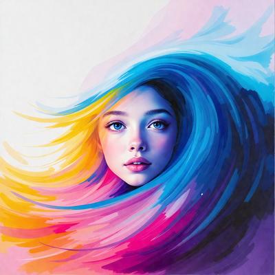 The primary subject of the image is a woman with long blonde hair. She is the main focus of the image, and her face is prominently displayed. The setting is a colorful, abstract background that adds a vibrant and artistic touch to the scene. The visual style of the image is a combination of digital art and illustration, creating a unique and eye-catching portrait. The colors and mood of the image are predominantly pink, blue, and yellow, giving it a warm and cheerful atmosphere